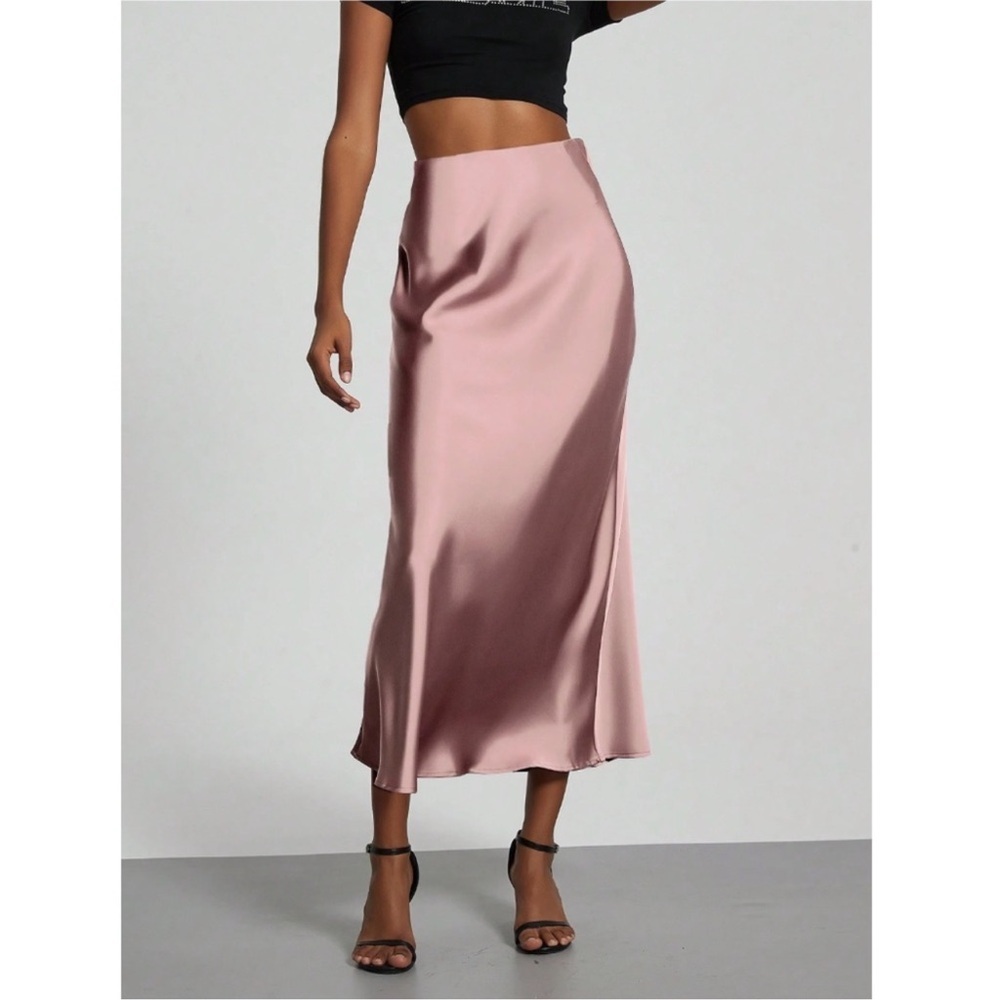 Elegant Pink Satin Chic Midi Skirt